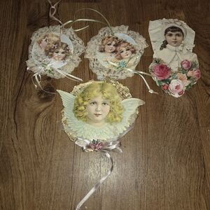 Vintage Christmas Tree Ornament Scrap Paper Victorian Girls Tinsel Tin Foil